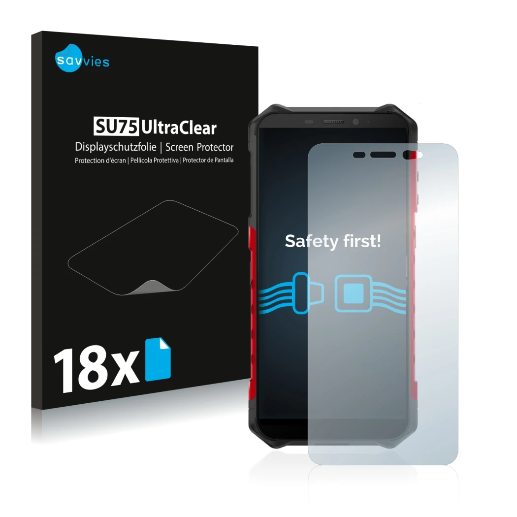 Parte frontal de un envase de producto con el logotipo de la marca Savvies. Al lado se muestra el dispositivo Ulefone Armor X5