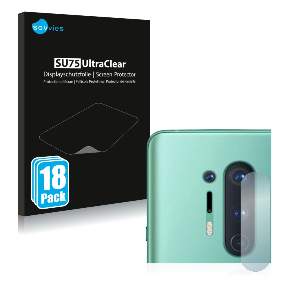 Parte frontal de un envase de producto con el logotipo de la marca Savvies. Al lado se muestra el dispositivo OnePlus 8 Pro (S