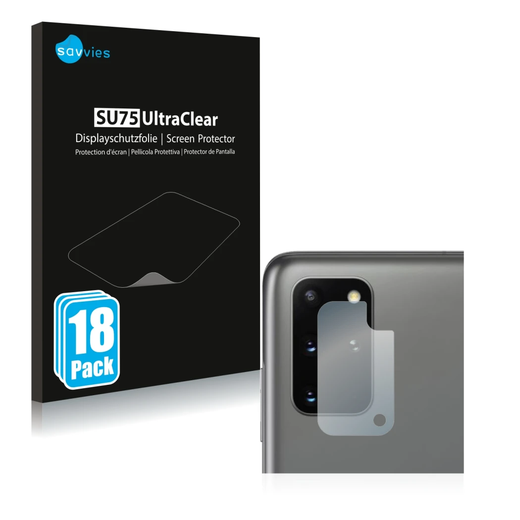 Parte frontal de un envase de producto con el logotipo de la marca Savvies. Al lado se muestra el dispositivo Samsung Galaxy S