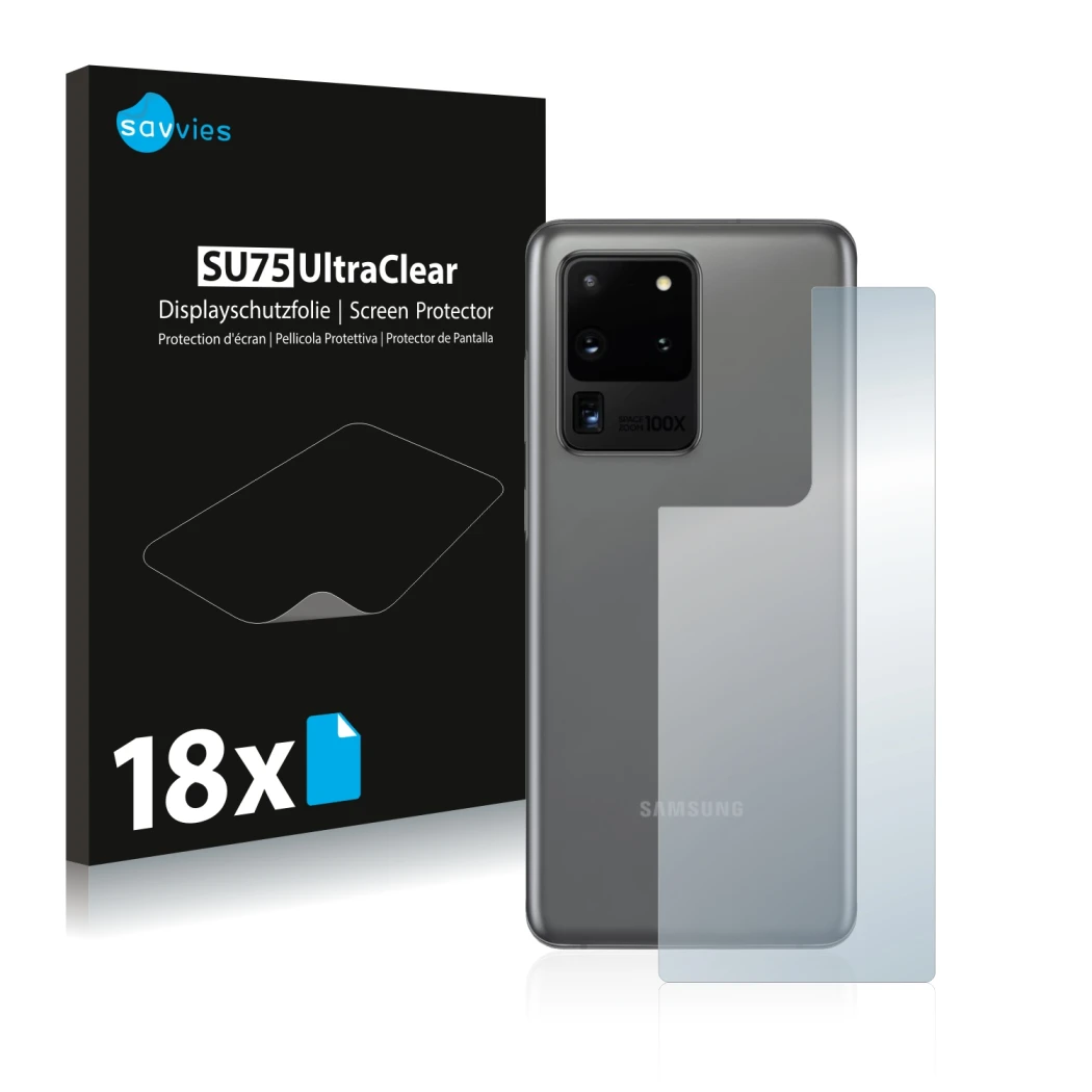 Parte frontal de un envase de producto con el logotipo de la marca Savvies. Al lado se muestra el dispositivo Samsung Galaxy S