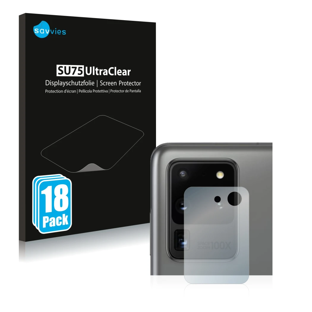 Parte frontal de un envase de producto con el logotipo de la marca Savvies. Al lado se muestra el dispositivo Samsung Galaxy S