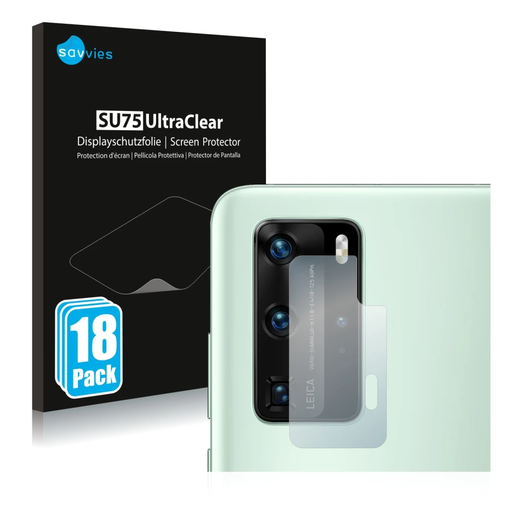 Parte frontal de un envase de producto con el logotipo de la marca Savvies. Al lado se muestra el dispositivo Huawei P40 Pro (