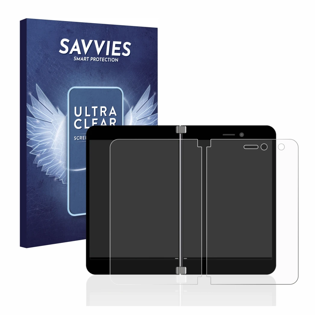 Parte frontal de un envase de producto con el logotipo de la marca Savvies. Al lado se muestra el dispositivo Microsoft Surfac