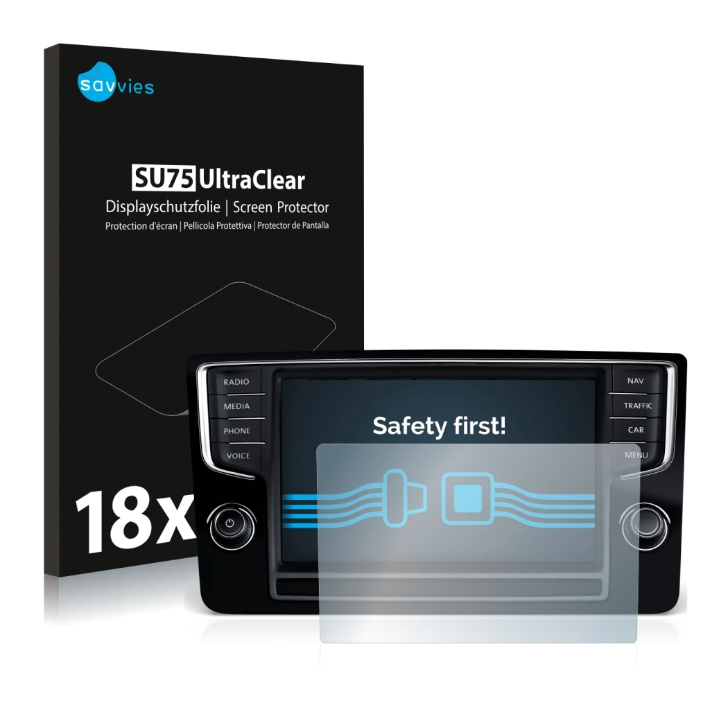 Parte frontal de un envase de producto con el logotipo de la marca Savvies. Al lado se muestra el dispositivo Volkswagen Golf 