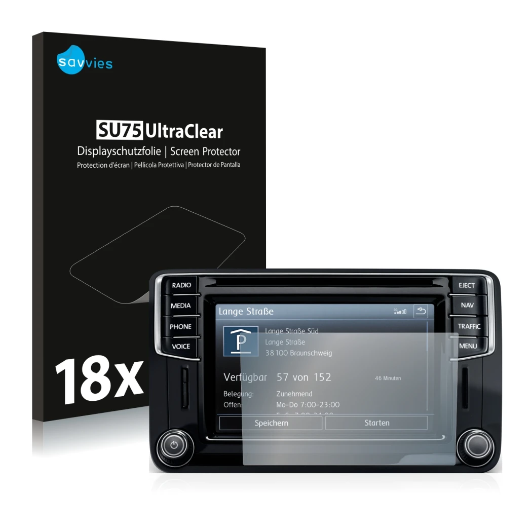 Parte frontal de un envase de producto con el logotipo de la marca Savvies. Al lado se muestra el dispositivo Volkswagen Caddy