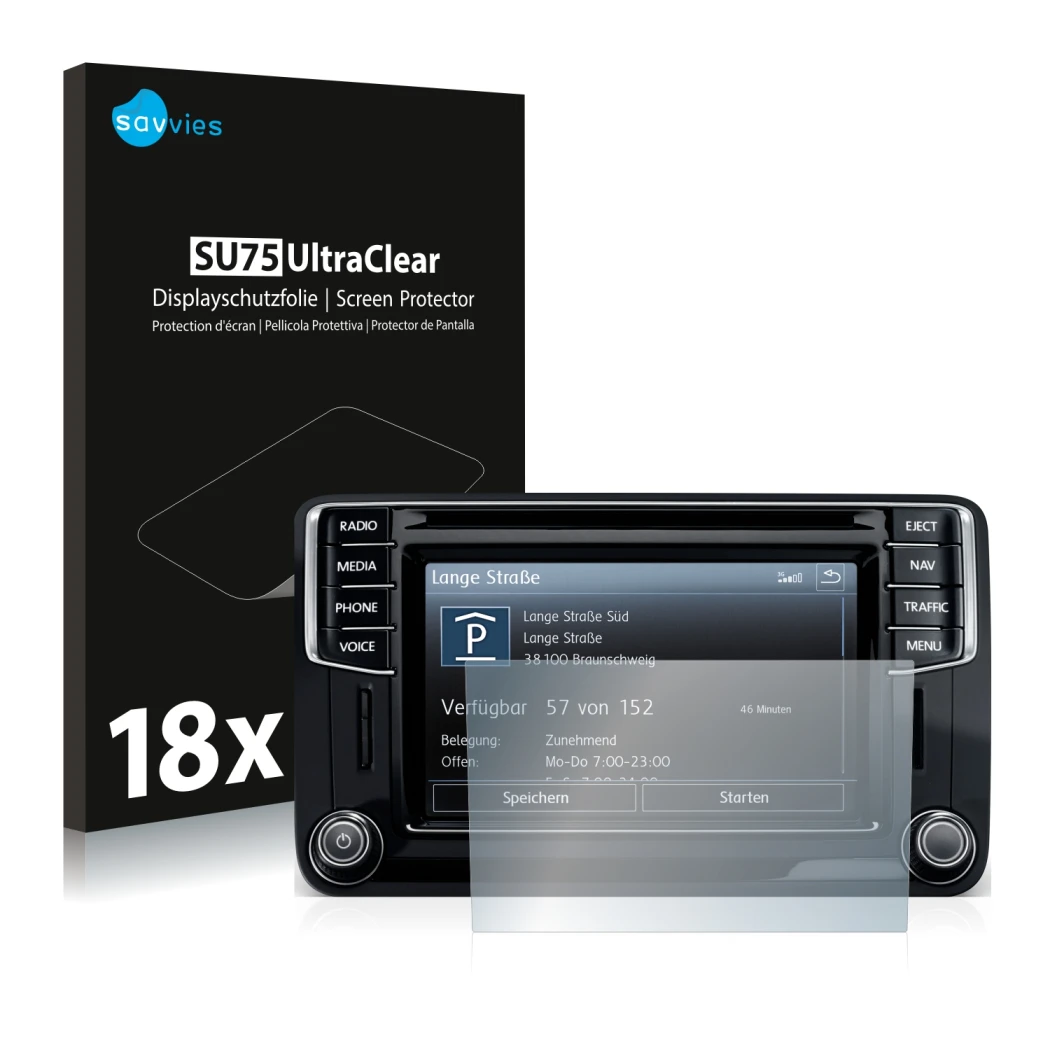 Parte frontal de un envase de producto con el logotipo de la marca Savvies. Al lado se muestra el dispositivo Volkswagen Amaro