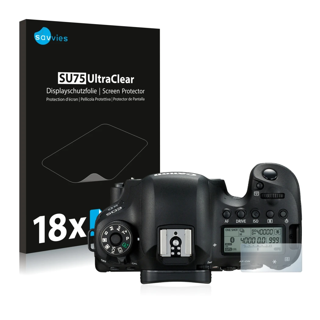 Parte frontal de un envase de producto con el logotipo de la marca Savvies. Al lado se muestra el dispositivo Canon EOS 6D (pa