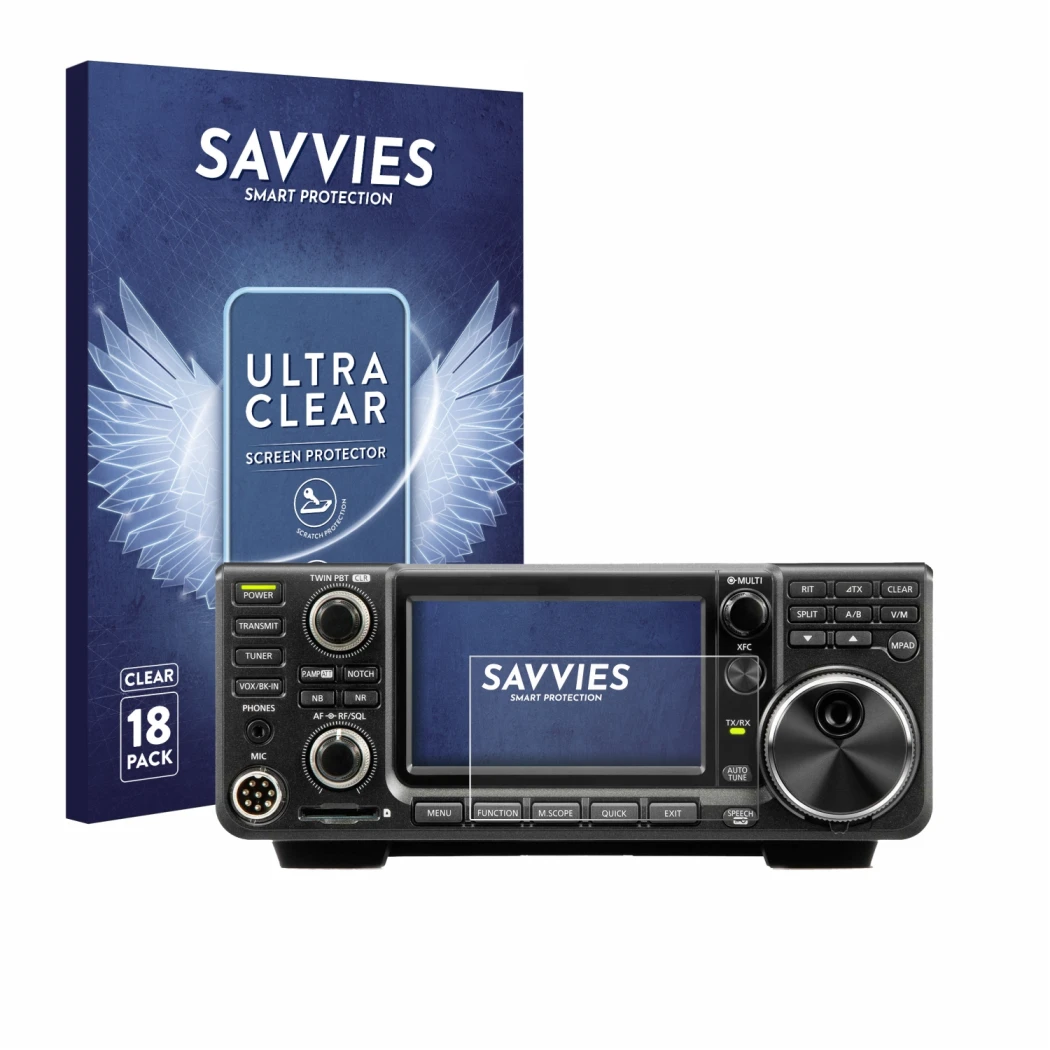 Parte frontal de un envase de producto con el logotipo de la marca Savvies. Al lado se muestra el dispositivo Icom IC-9700 con