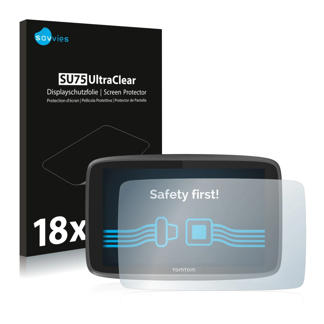 Parte frontal de un envase de producto con el logotipo de la marca Savvies. Al lado se muestra el dispositivo TomTom Go Profes