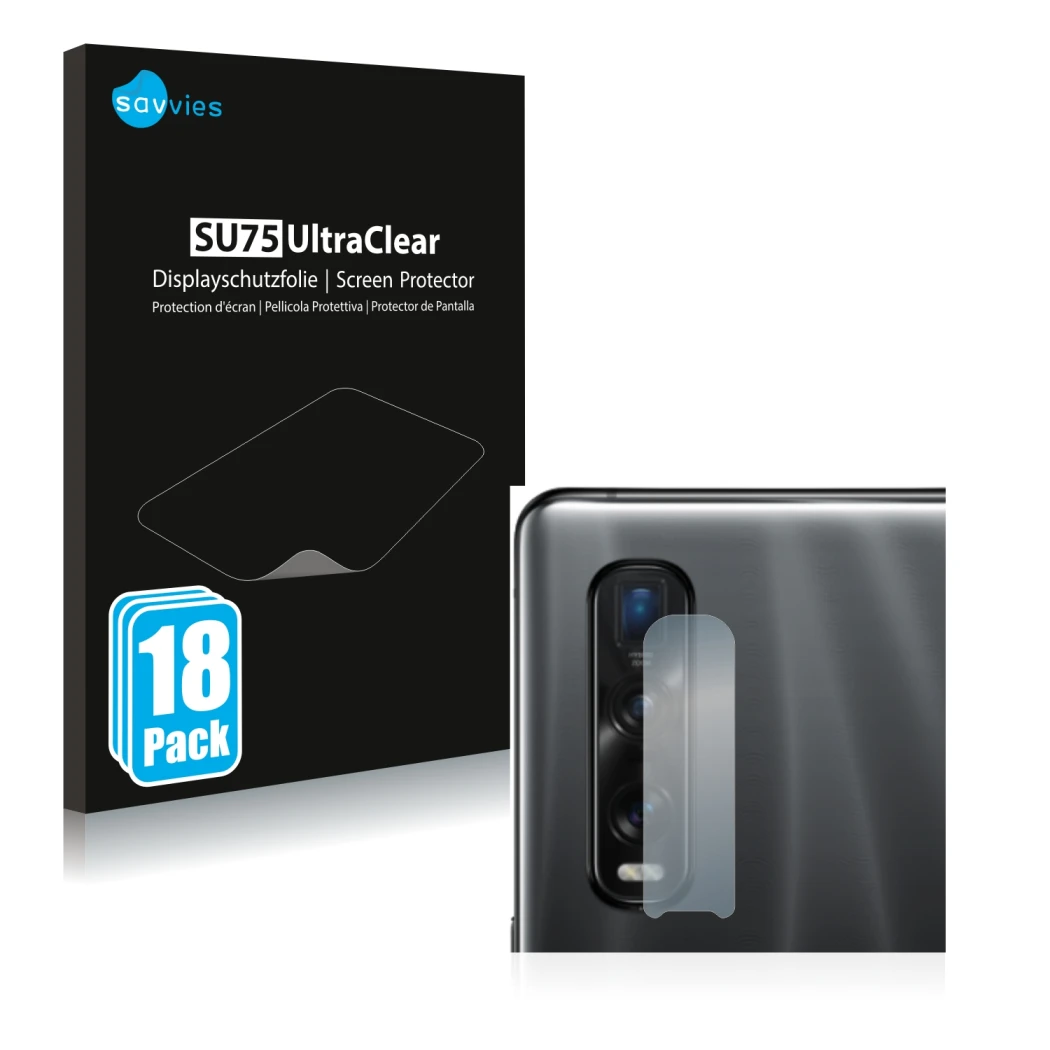 Parte frontal de un envase de producto con el logotipo de la marca Savvies. Al lado se muestra el dispositivo Oppo Find X2 Pro