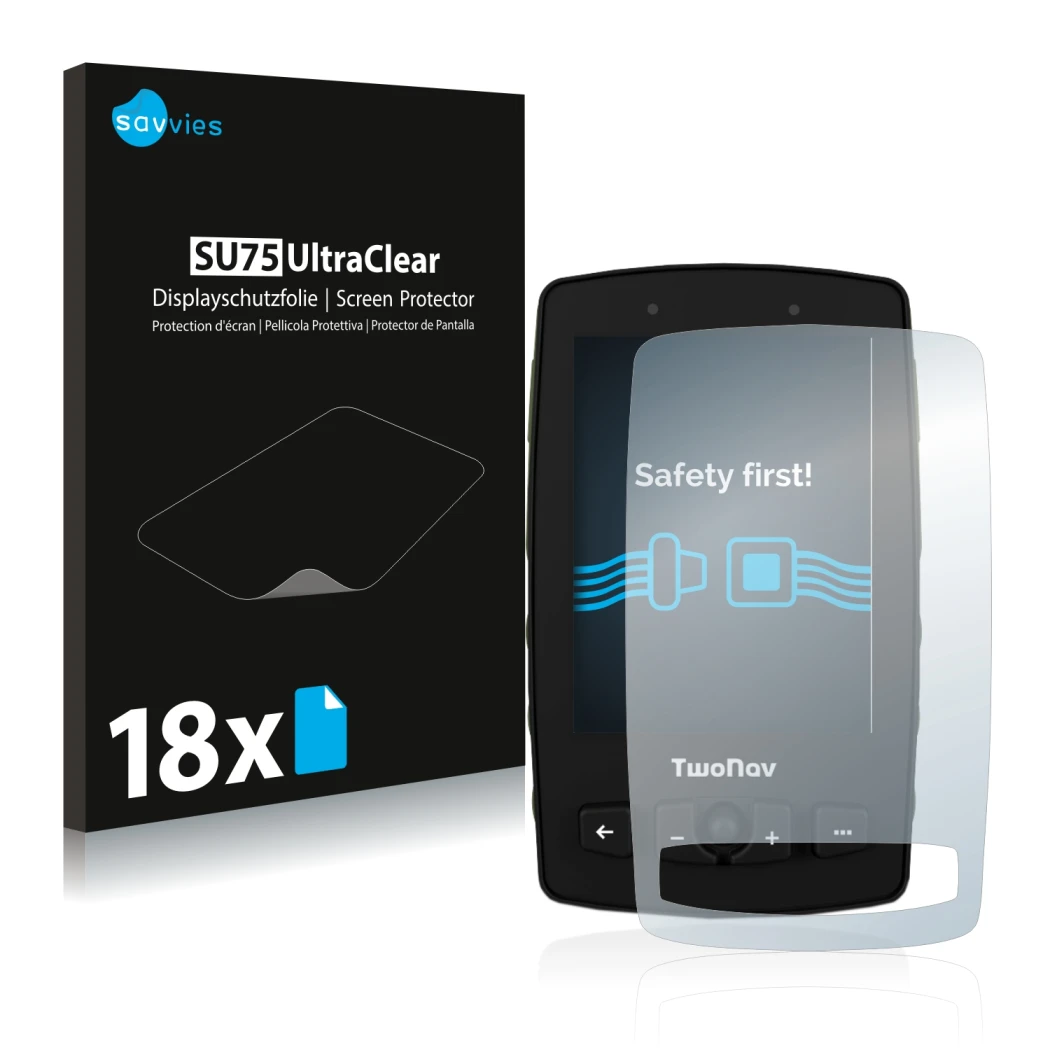 Parte frontal de un envase de producto con el logotipo de la marca Savvies. Al lado se muestra el dispositivo TwoNav Aventura 