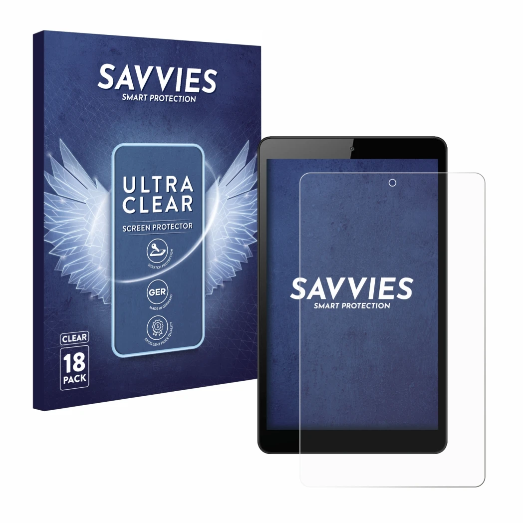 Parte frontal de un envase de producto con el logotipo de la marca Savvies. Al lado se muestra el dispositivo Huawei MediaPad 
