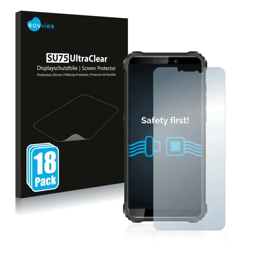 Parte frontal de un envase de producto con el logotipo de la marca Savvies. Al lado se muestra el dispositivo Oukitel WP5 con 