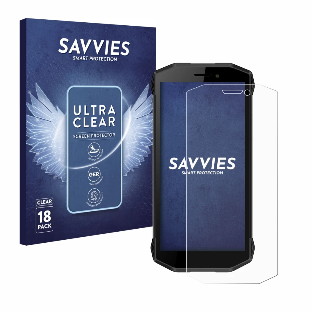 Parte frontal de un envase de producto con el logotipo de la marca Savvies. Al lado se muestra el dispositivo Evolveo Strongph
