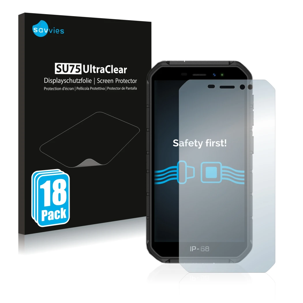 Parte frontal de un envase de producto con el logotipo de la marca Savvies. Al lado se muestra el dispositivo Ulefone Armor X7