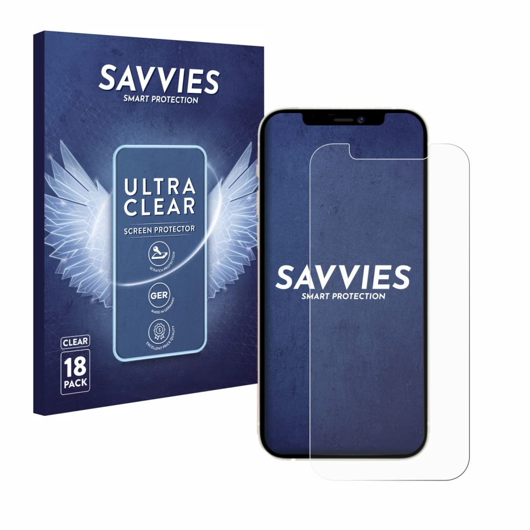 Parte frontal de un envase de producto con el logotipo de la marca Savvies. Al lado se muestra el dispositivo Apple iPhone 12 