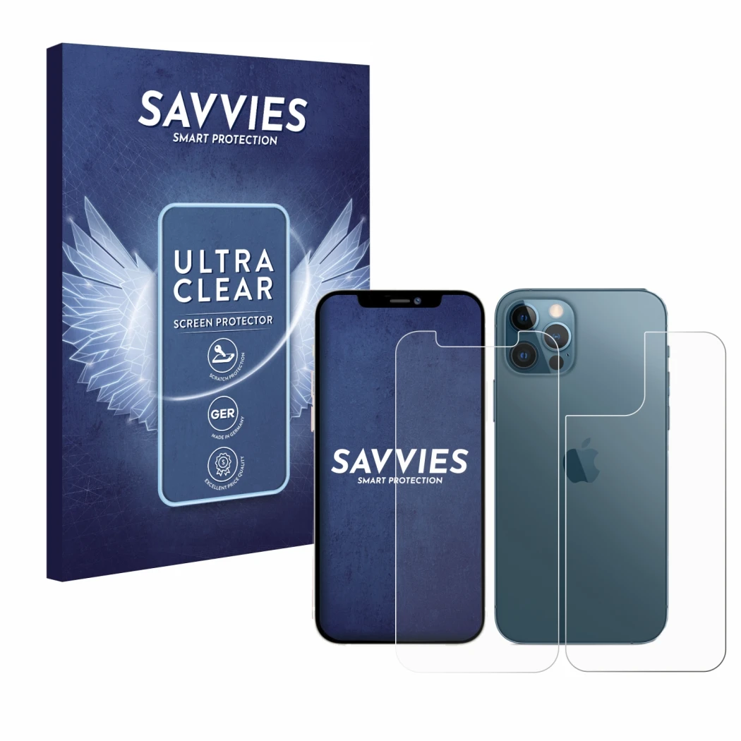 Parte frontal de un envase de producto con el logotipo de la marca Savvies. Al lado se muestra el dispositivo Apple iPhone 12 