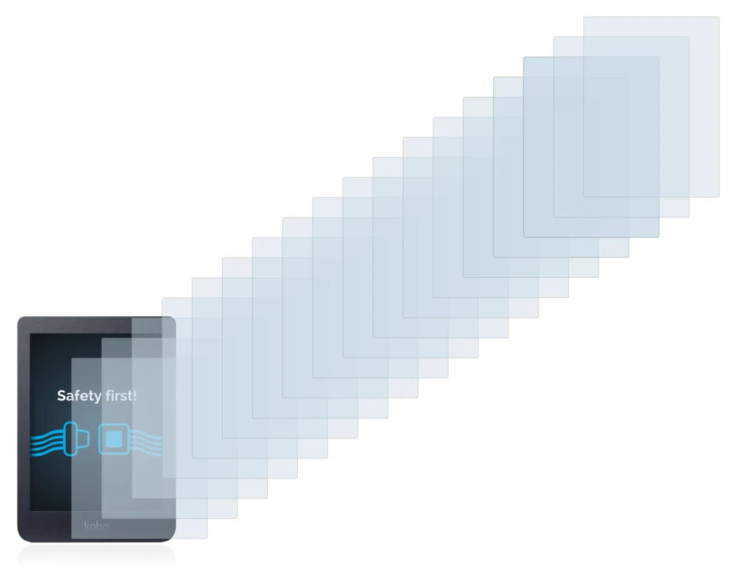 Imagen del dispositivo Kobo Nia con una amplia variedad de protectores de pantalla.