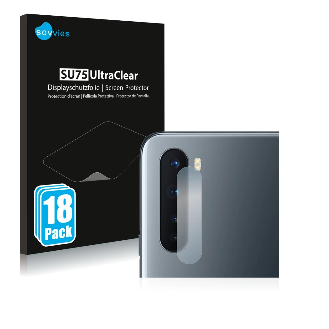 Parte frontal de un envase de producto con el logotipo de la marca Savvies. Al lado se muestra el dispositivo OnePlus Nord (SÓ