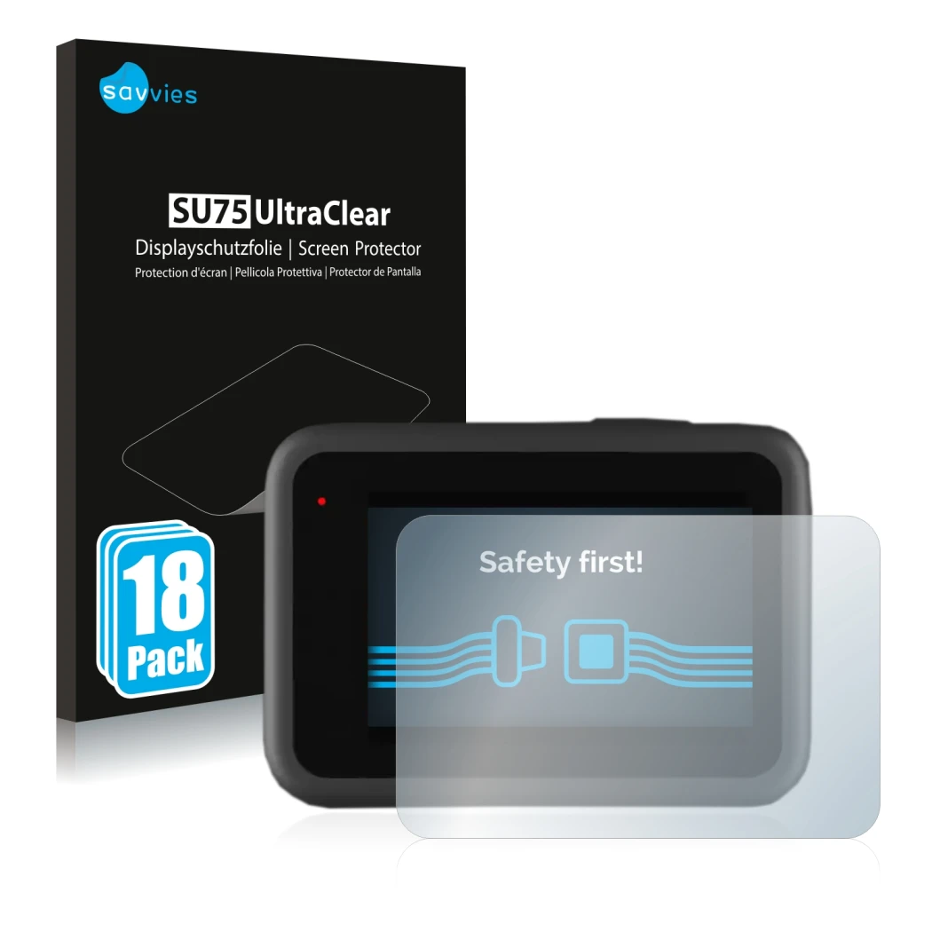 Parte frontal de un envase de producto con el logotipo de la marca Savvies. Al lado se muestra el dispositivo GoPro Hero 9 Bla