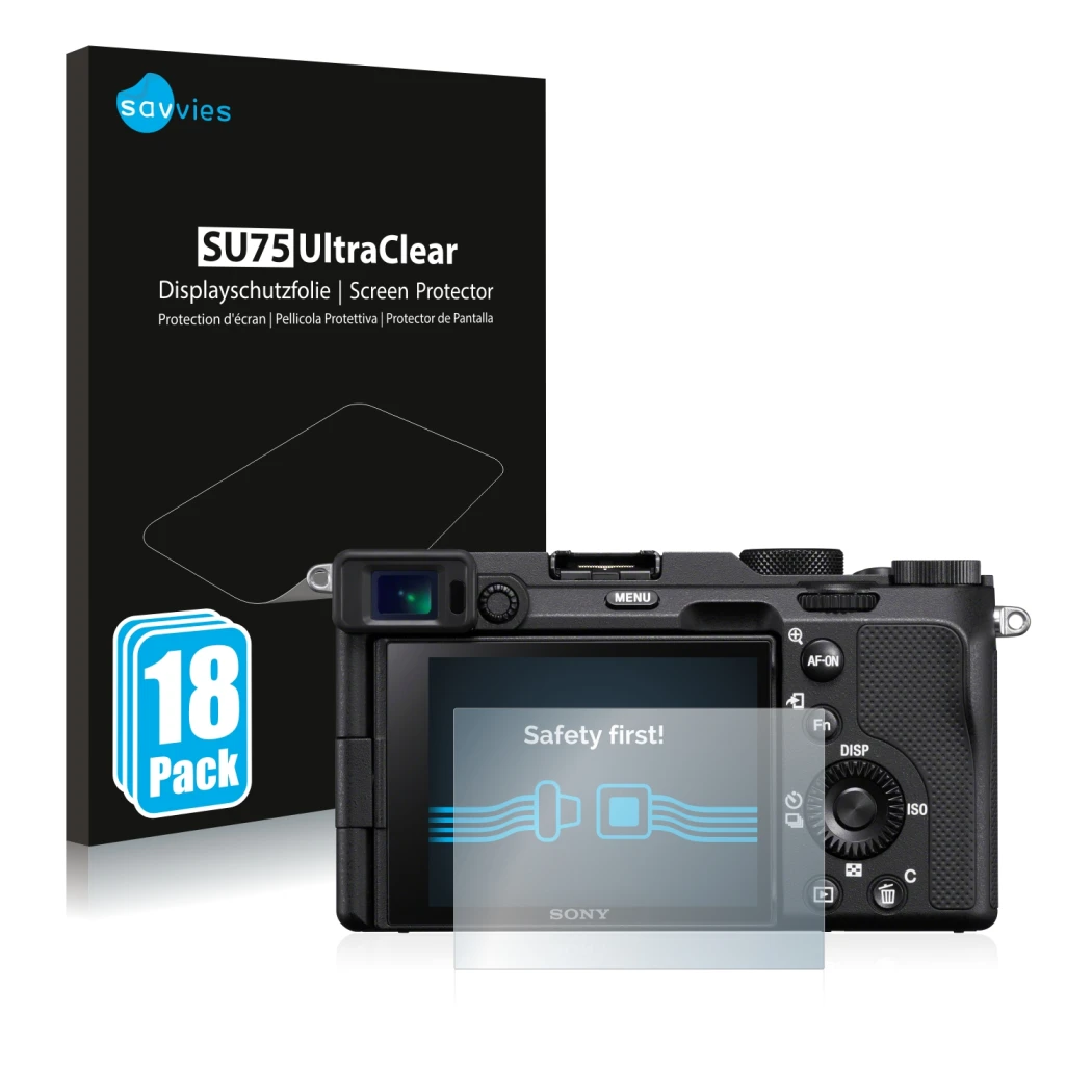 Parte frontal de un envase de producto con el logotipo de la marca Savvies. Al lado se muestra el dispositivo Sony A7C con su 