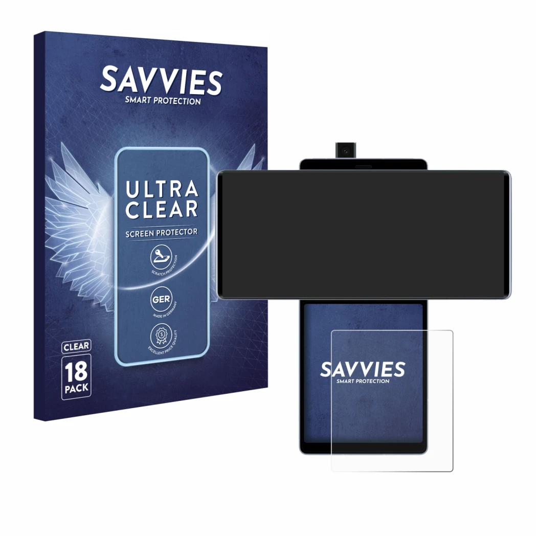 Parte frontal de un envase de producto con el logotipo de la marca Savvies. Al lado se muestra el dispositivo LG Wing (Pantall