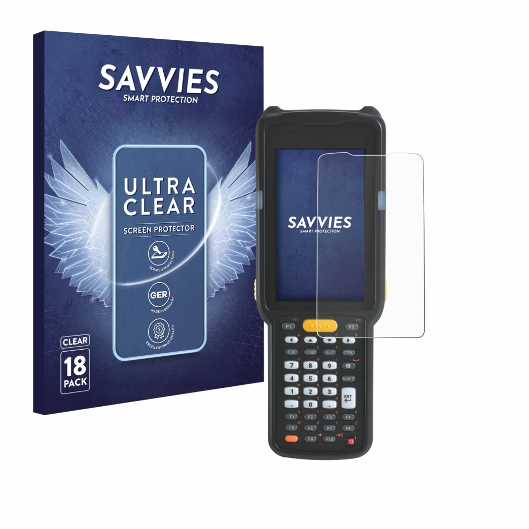 Parte frontal de un envase de producto con el logotipo de la marca Savvies. Al lado se muestra el dispositivo Zebra MC330L con