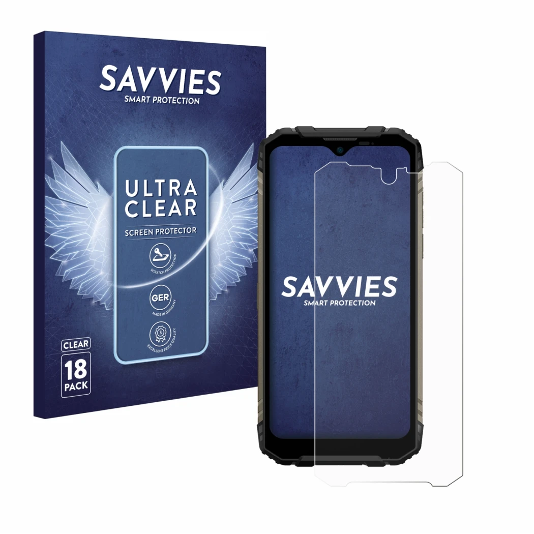 Parte frontal de un envase de producto con el logotipo de la marca Savvies. Al lado se muestra el dispositivo Doogee S96 Pro c