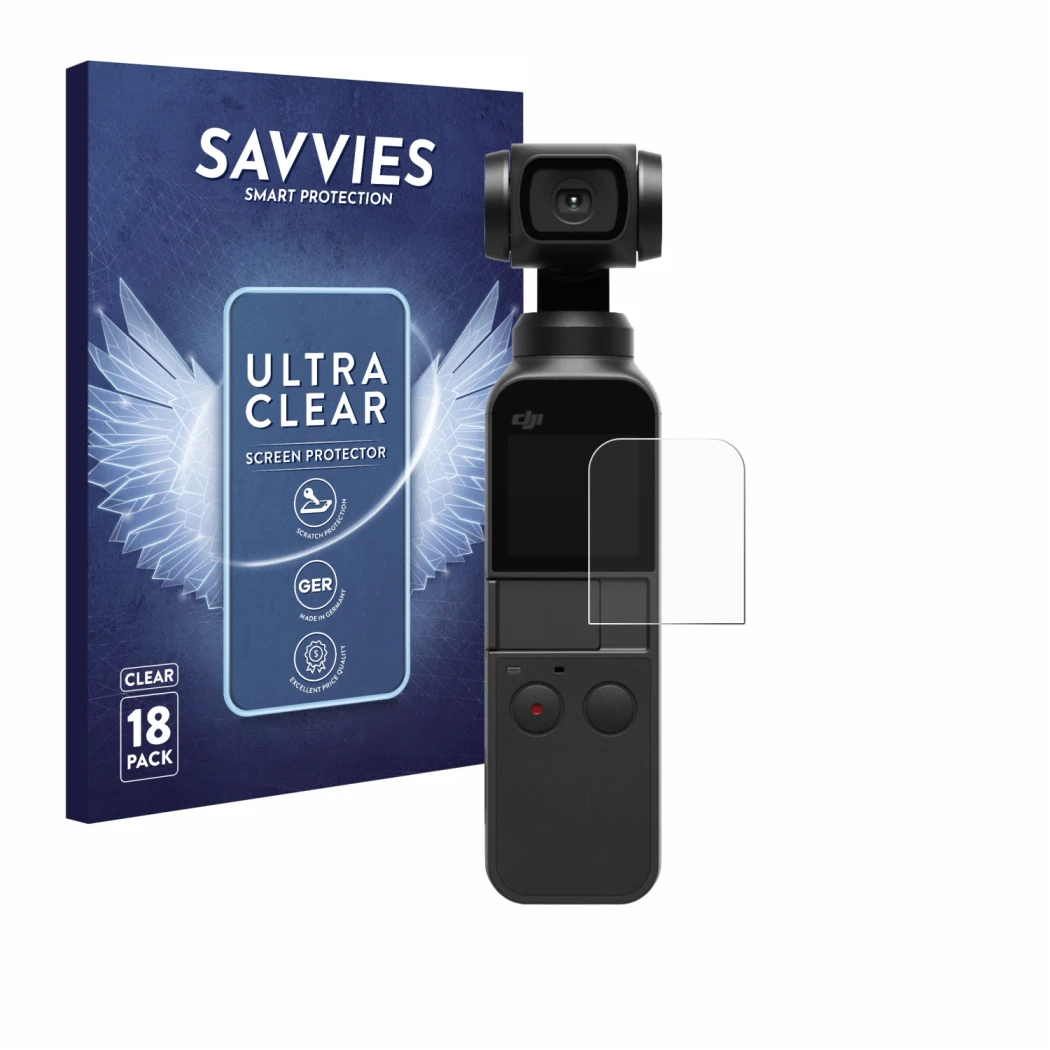Parte frontal de un envase de producto con el logotipo de la marca Savvies. Al lado se muestra el dispositivo DJI Osmo Pocket 
