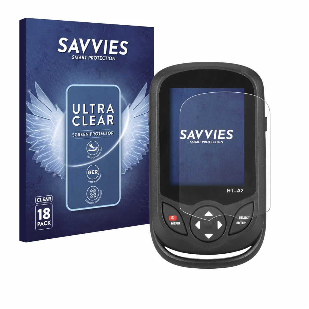 Parte frontal de un envase de producto con el logotipo de la marca Savvies. Al lado se muestra el dispositivo Hti HT A2 con su