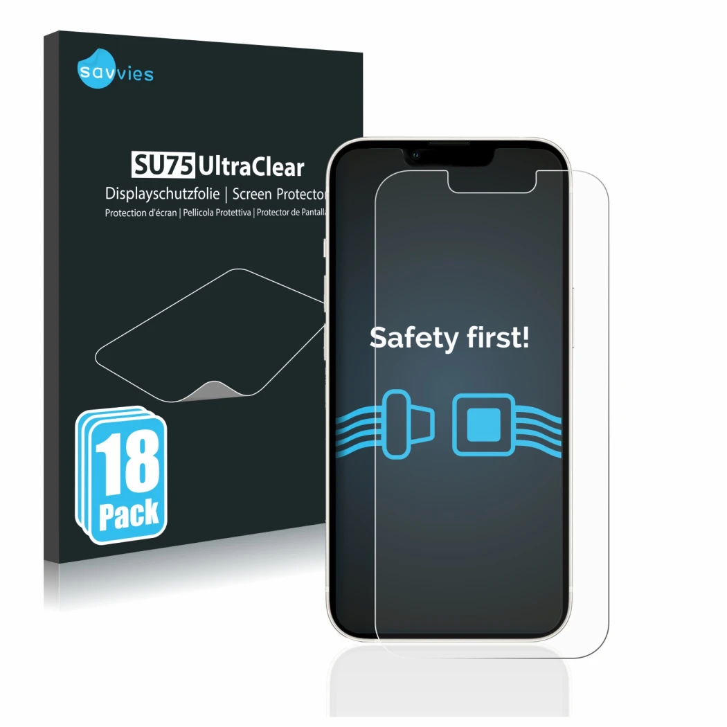 Parte frontal de un envase de producto con el logotipo de la marca Savvies. Al lado se muestra el dispositivo Apple iPhone 13 