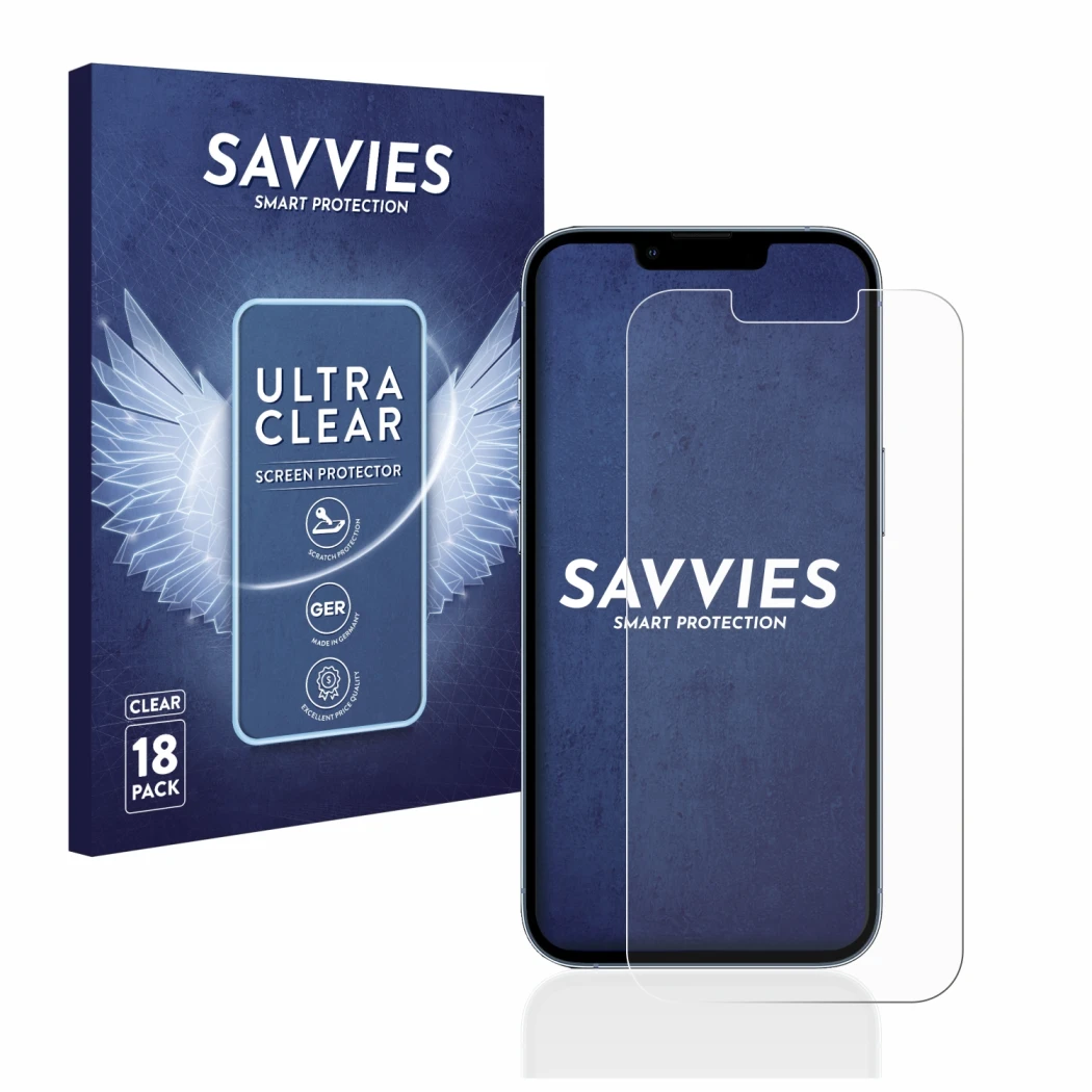 Parte frontal de un envase de producto con el logotipo de la marca Savvies. Al lado se muestra el dispositivo Apple iPhone 13 