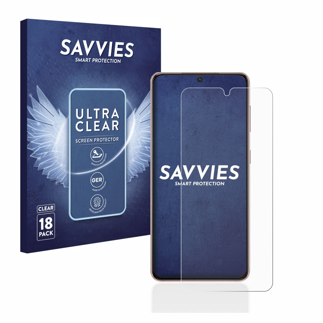 Parte frontal de un envase de producto con el logotipo de la marca Savvies. Al lado se muestra el dispositivo Samsung Galaxy S