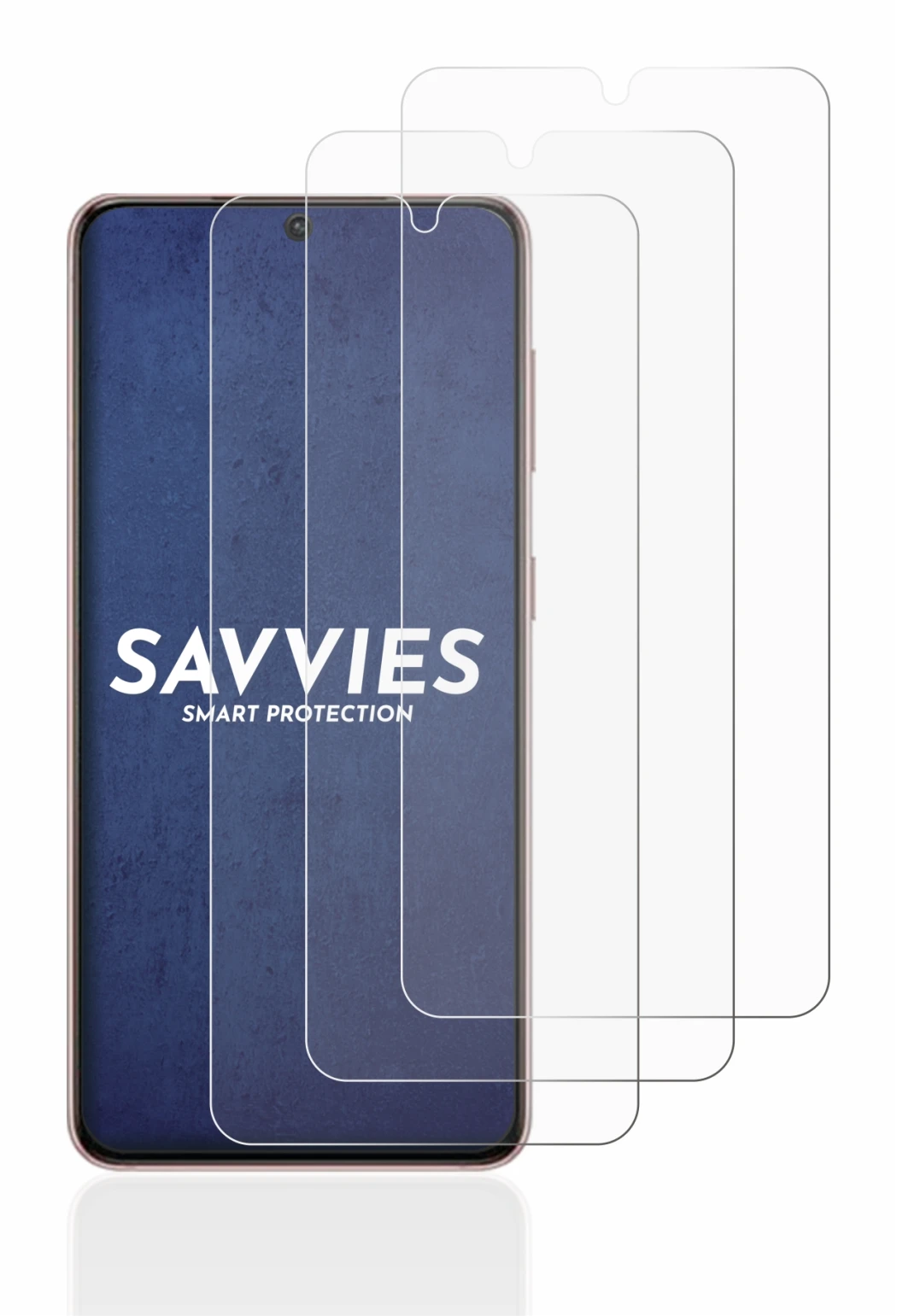Imagen del dispositivo Samsung Galaxy S21 con una amplia variedad de protectores de pantalla.