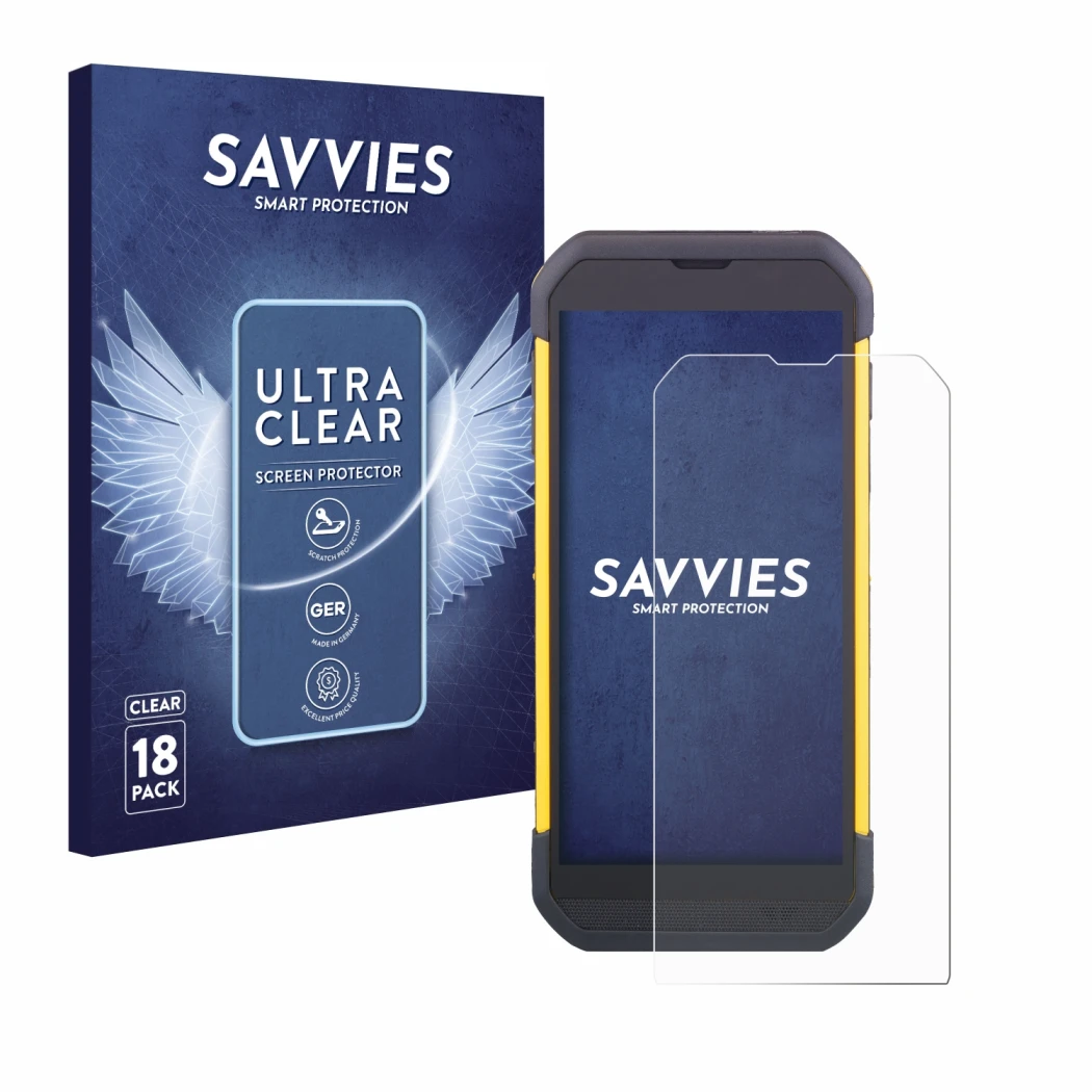 Parte frontal de un envase de producto con el logotipo de la marca Savvies. Al lado se muestra el dispositivo Cipherlab RS35 c
