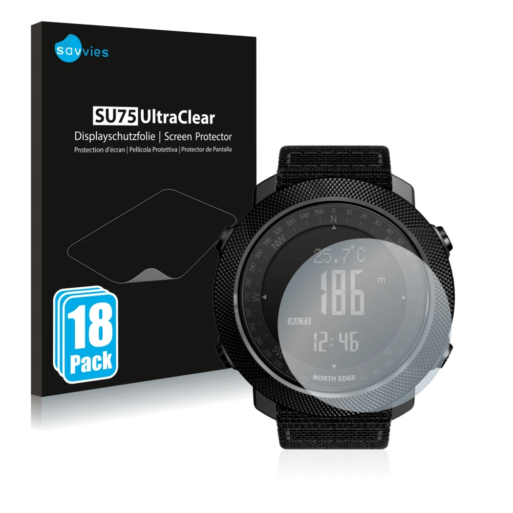 Parte frontal de un envase de producto con el logotipo de la marca Savvies. Al lado se muestra el dispositivo North Edge Apach