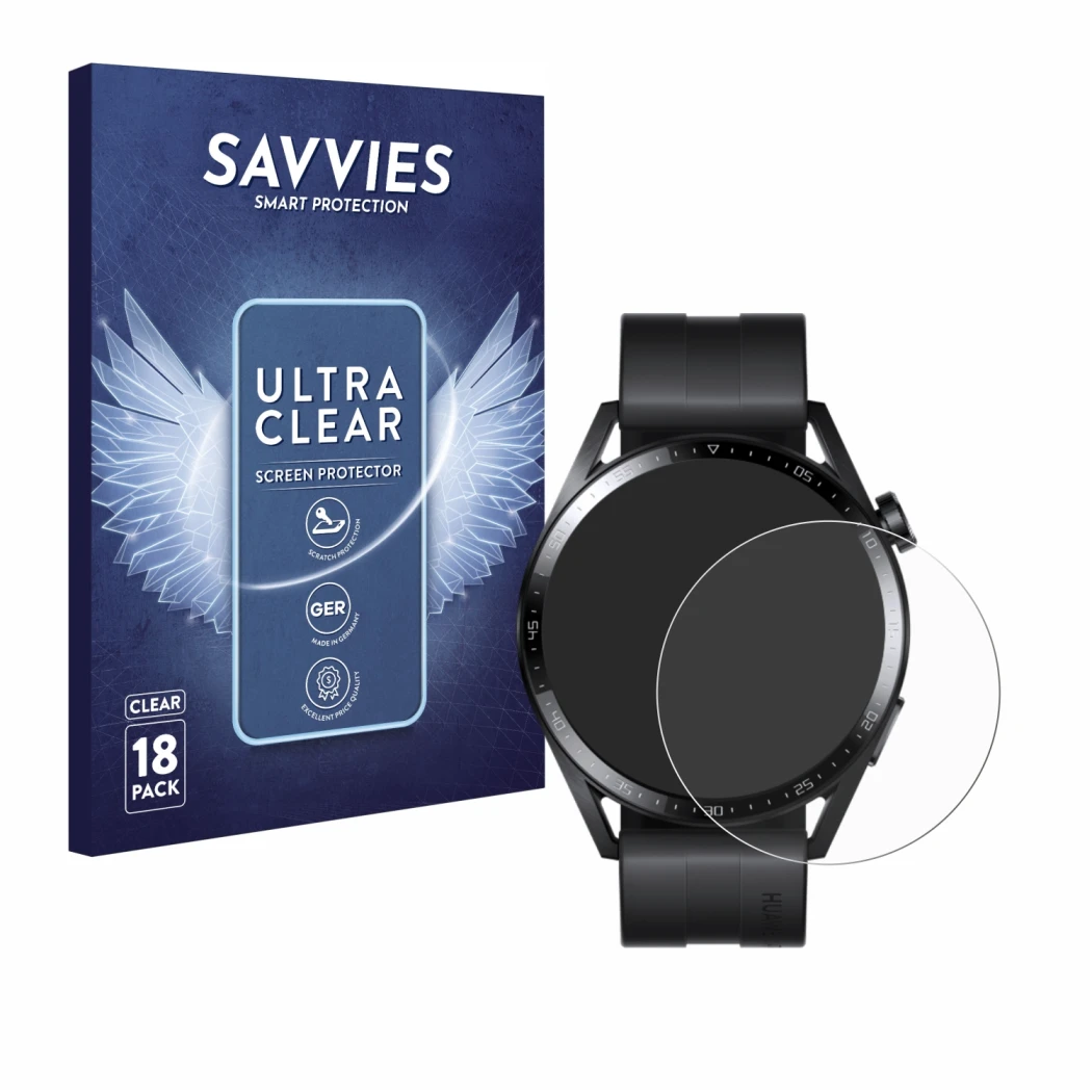 Parte frontal de un envase de producto con el logotipo de la marca Savvies. Al lado se muestra el dispositivo Huawei Watch GT 