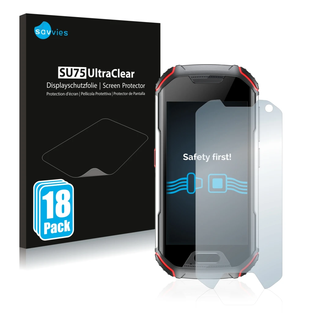 Parte frontal de un envase de producto con el logotipo de la marca Savvies. Al lado se muestra el dispositivo Unihertz Atom XL