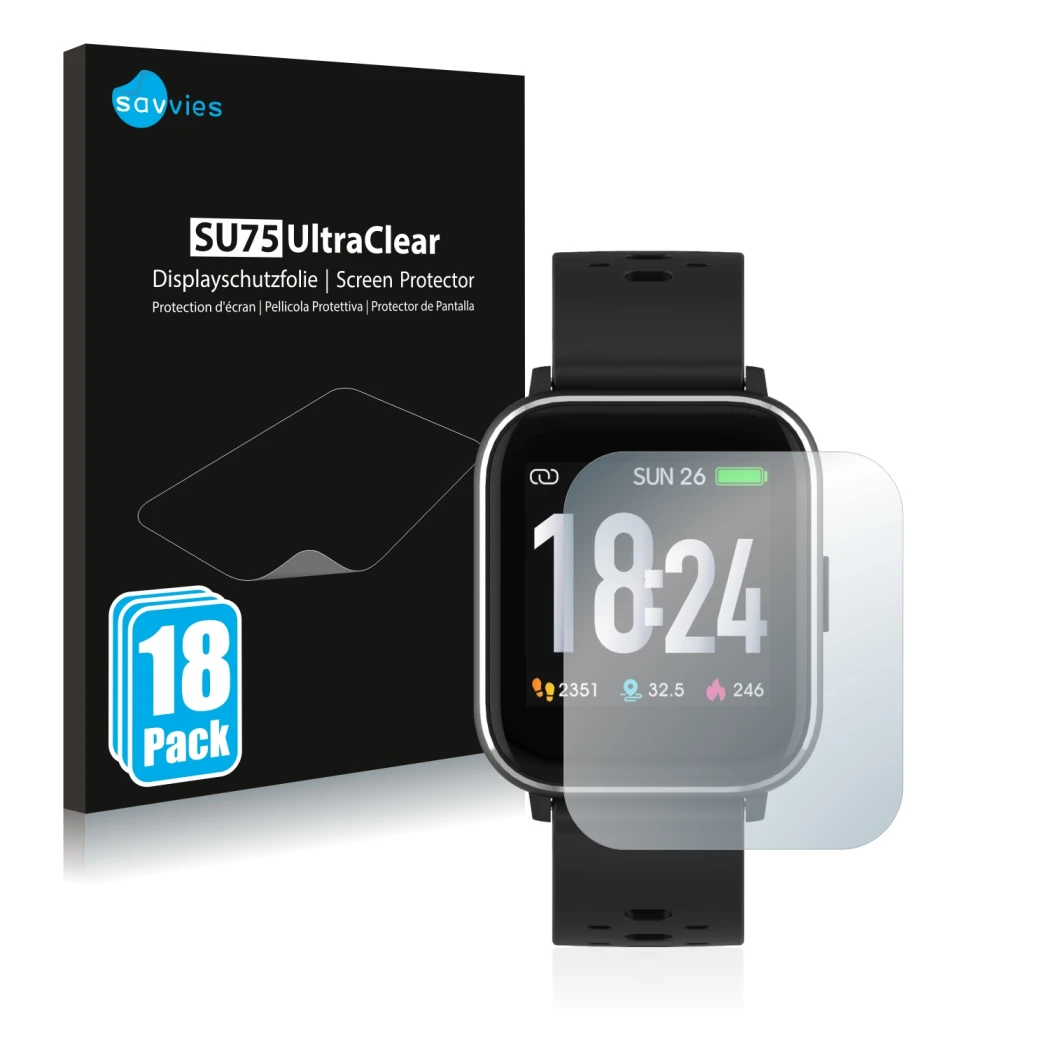 Parte frontal de un envase de producto con el logotipo de la marca Savvies. Al lado se muestra el dispositivo Denver SW-163 co