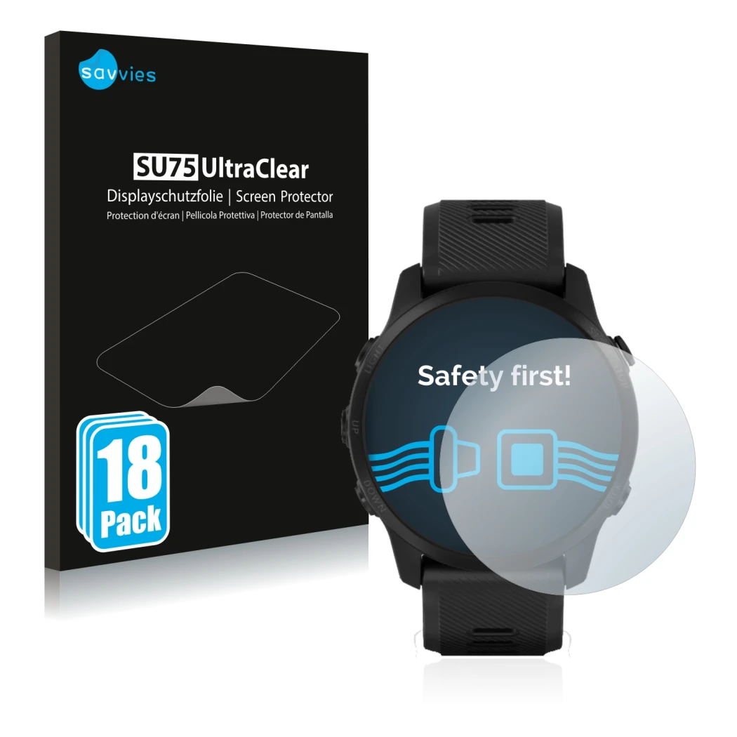 Parte frontal de un envase de producto con el logotipo de la marca Savvies. Al lado se muestra el dispositivo Garmin Forerunne