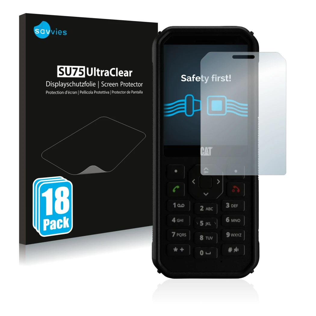 Parte frontal de un envase de producto con el logotipo de la marca Savvies. Al lado se muestra el dispositivo Caterpillar Cat 