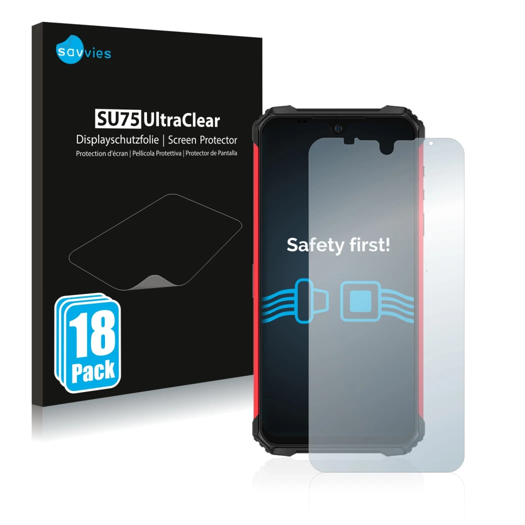 Parte frontal de un envase de producto con el logotipo de la marca Savvies. Al lado se muestra el dispositivo Ulefone Armor 8 