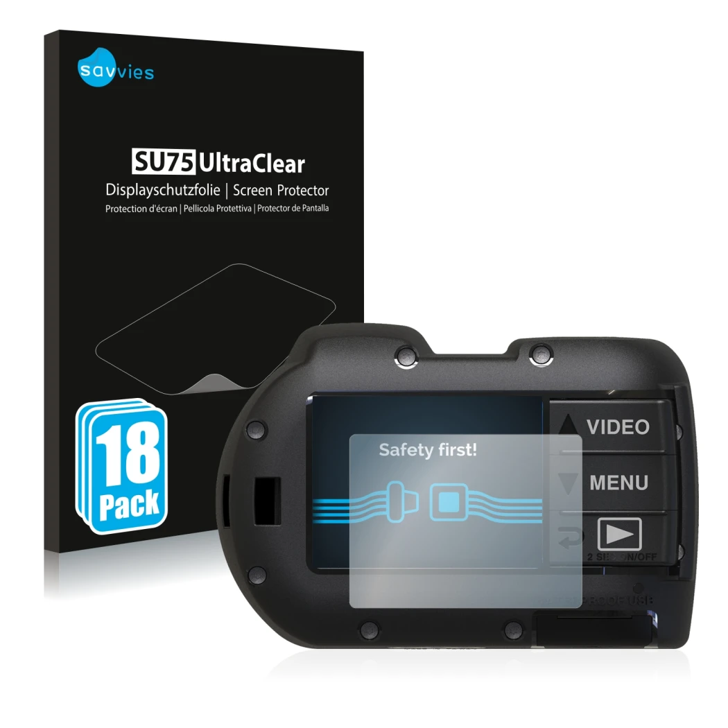 Parte frontal de un envase de producto con el logotipo de la marca Savvies. Al lado se muestra el dispositivo SeaLife Micro 3.