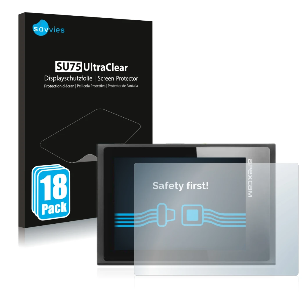 Parte frontal de un envase de producto con el logotipo de la marca Savvies. Al lado se muestra el dispositivo Apexcam ‎M80 Air