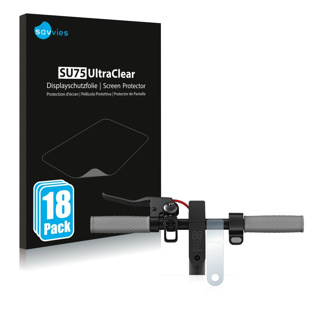 Parte frontal de un envase de producto con el logotipo de la marca Savvies. Al lado se muestra el dispositivo Xiaomi Mi 1S con