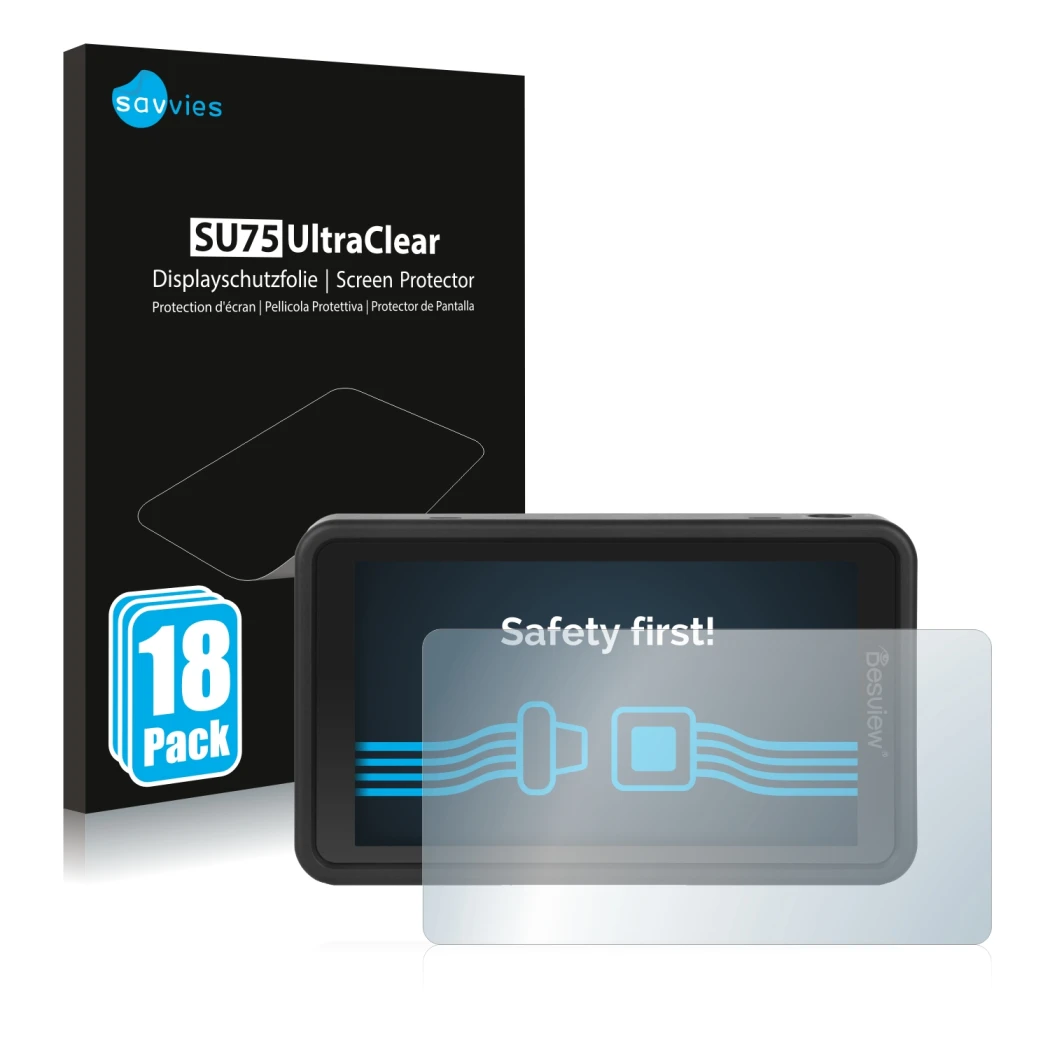 Parte frontal de un envase de producto con el logotipo de la marca Savvies. Al lado se muestra el dispositivo Desview R5 5.5