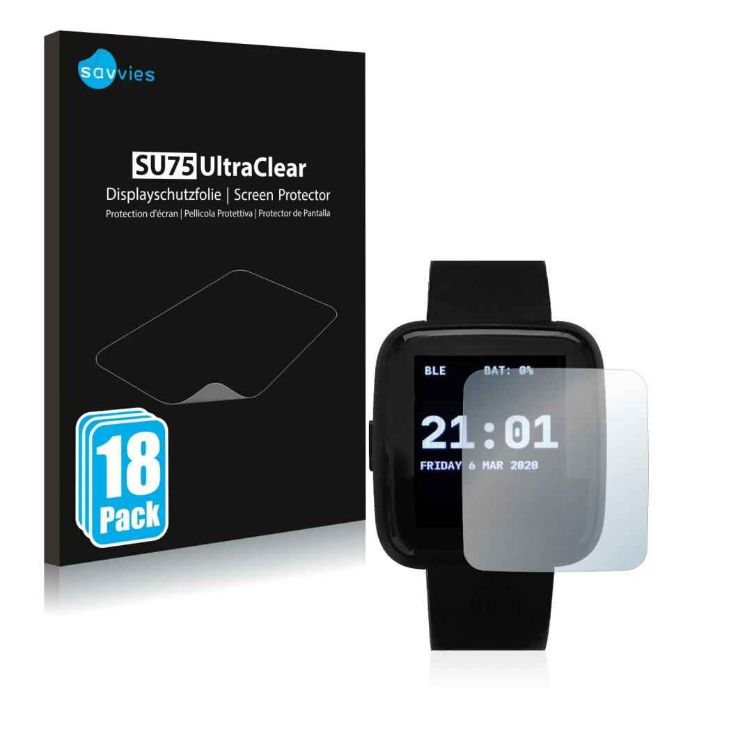 Parte frontal de un envase de producto con el logotipo de la marca Savvies. Al lado se muestra el dispositivo Pine64 PineTime 