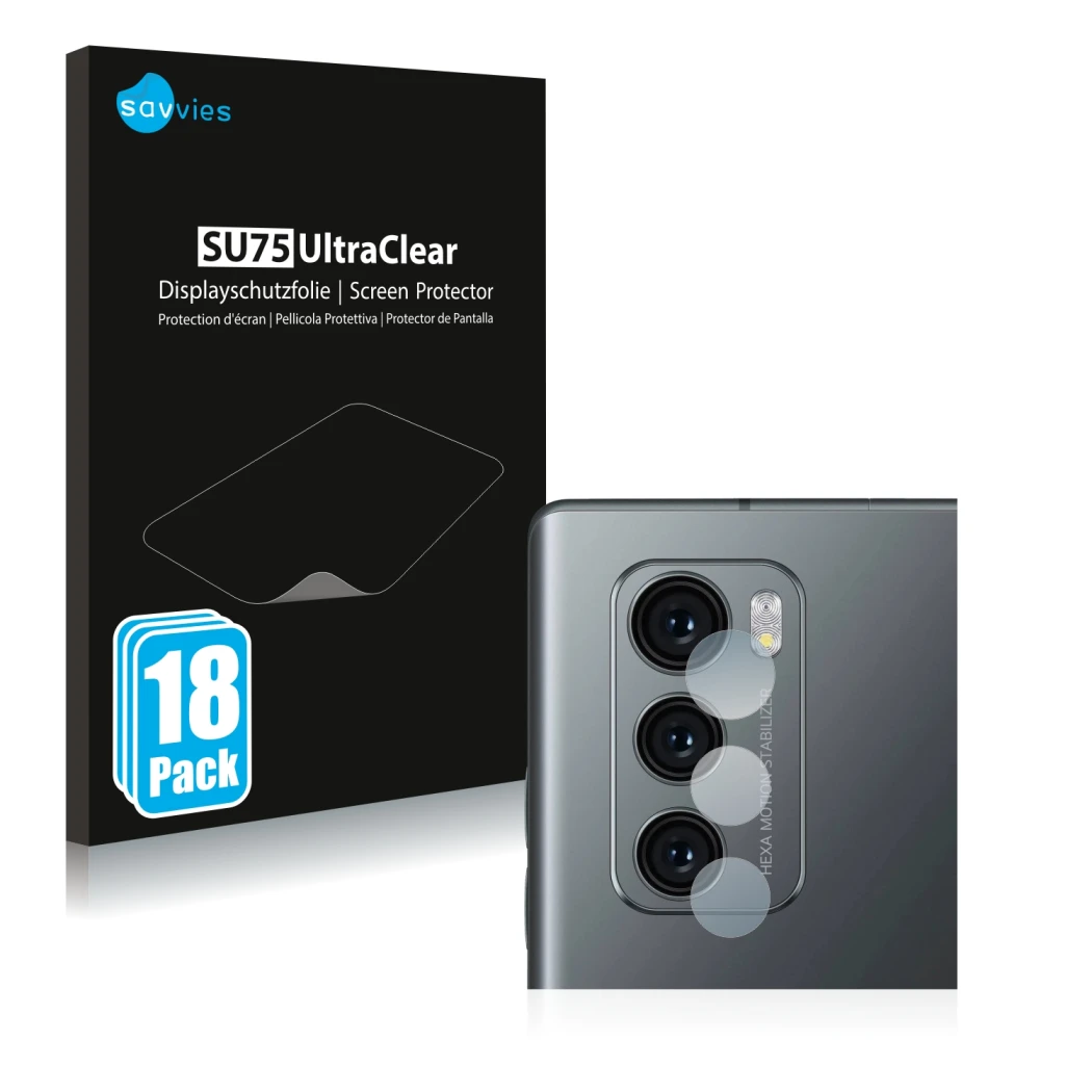 Parte frontal de un envase de producto con el logotipo de la marca Savvies. Al lado se muestra el dispositivo LG Wing (SÓLO Cá