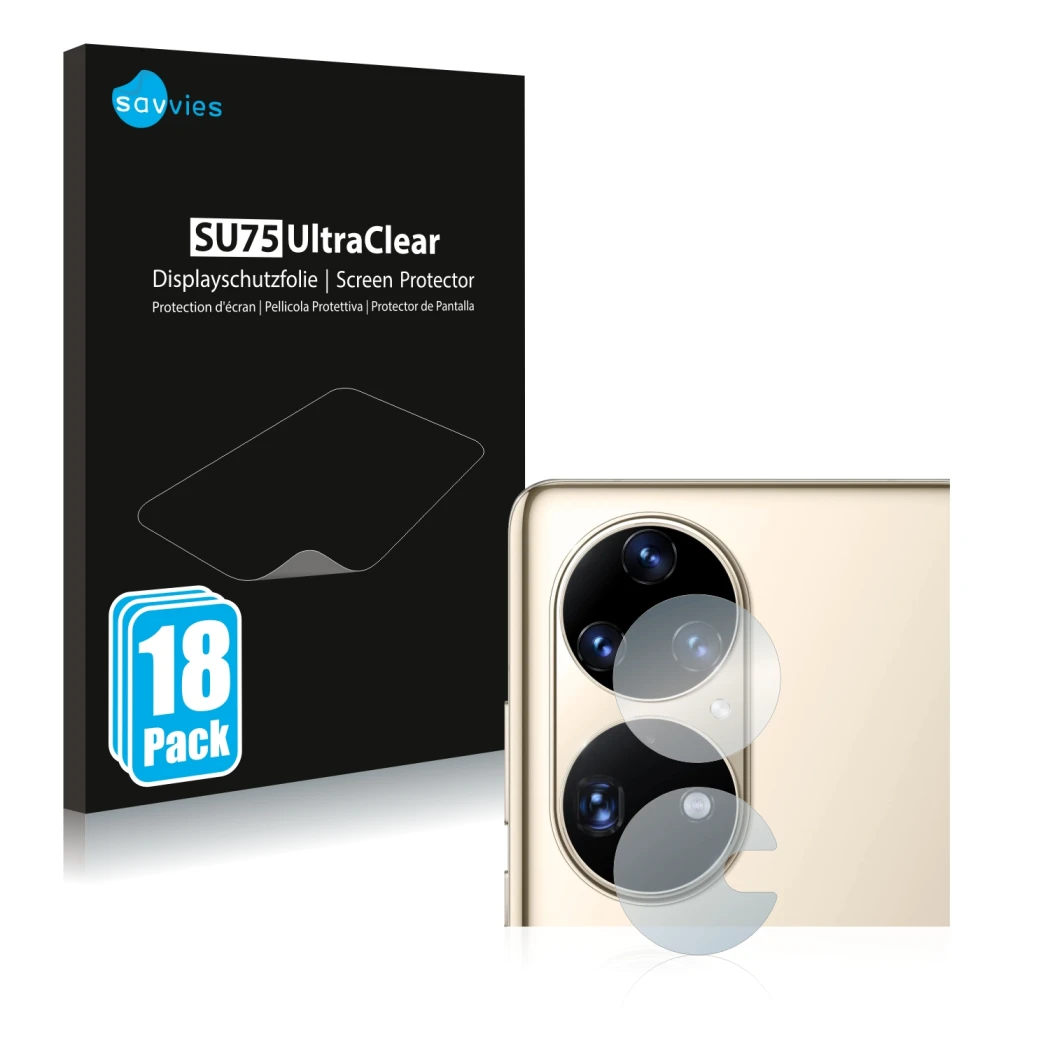 Parte frontal de un envase de producto con el logotipo de la marca Savvies. Al lado se muestra el dispositivo Huawei P50 Pro (