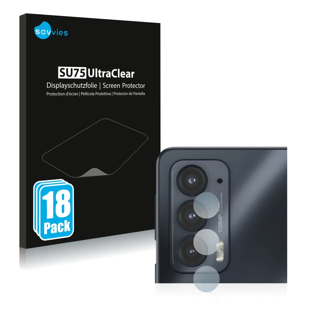 Parte frontal de un envase de producto con el logotipo de la marca Savvies. Al lado se muestra el dispositivo Motorola Edge 20